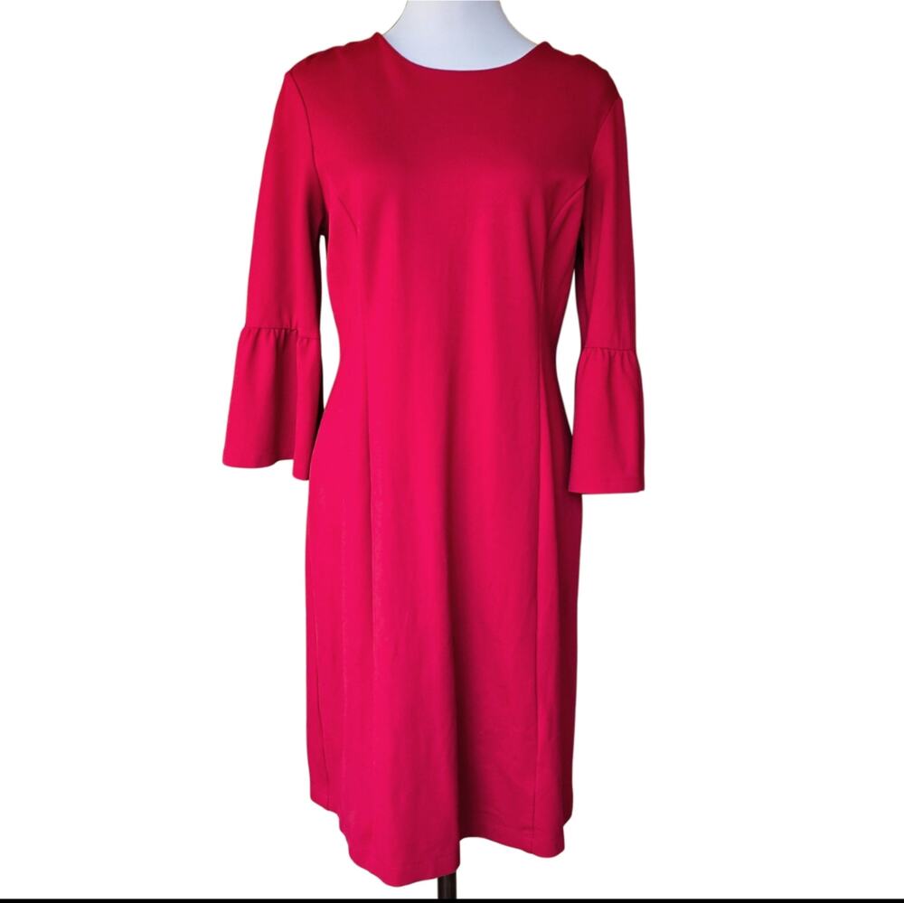 J. McLaughlin Keaton Dress 3/4 Bell Sleeve Solid Red Stretch Career Event Size L